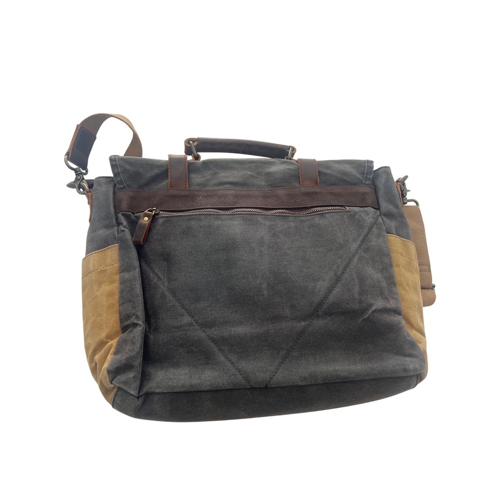 Mens Waxed Canvas Messenger Bag Leather Trim Laptop Satchel Charcoal Gray Brown - Picture 3 of 12